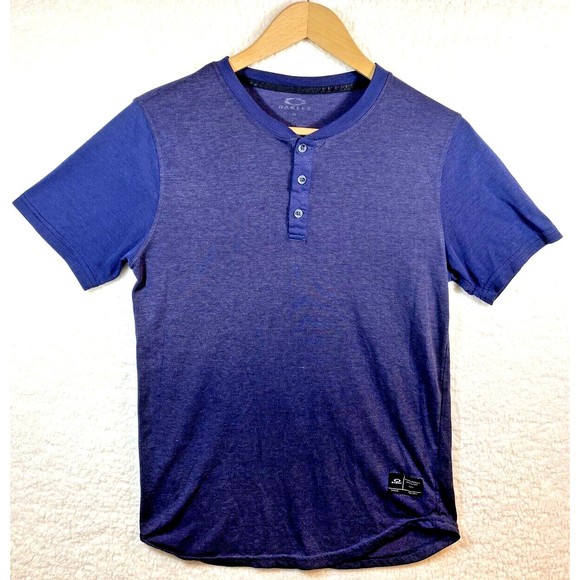 Oakley Mens Henley T-Shirt Blue Logo Short‎ Sleeve Crew Neck Regular Fit S Small - Picture 1 of 7